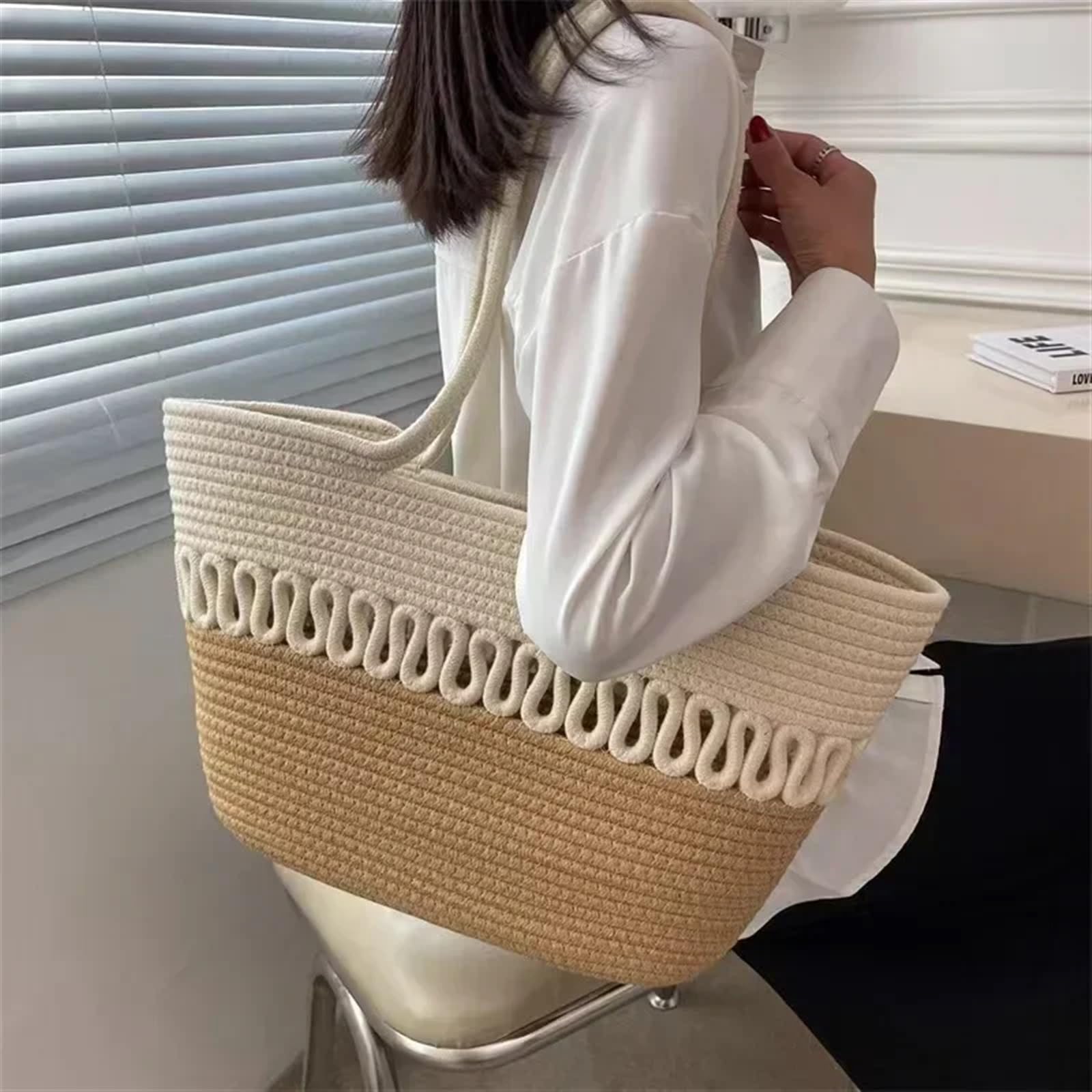 Bolsos de Paja Kits de Tejido, Bolso de Playa de Tela Caqui, Gran Capacidad, Hecho a Mano, Paja, Bolsa de Ocio for Vacaciones de Verano, Bolsos de Mujer, Bolsas de Compras(A)
