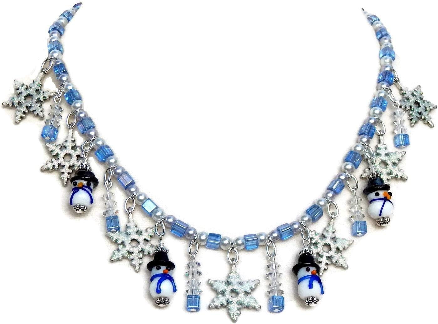 Snowman Necklace For Girls with Glitter Snowflakes