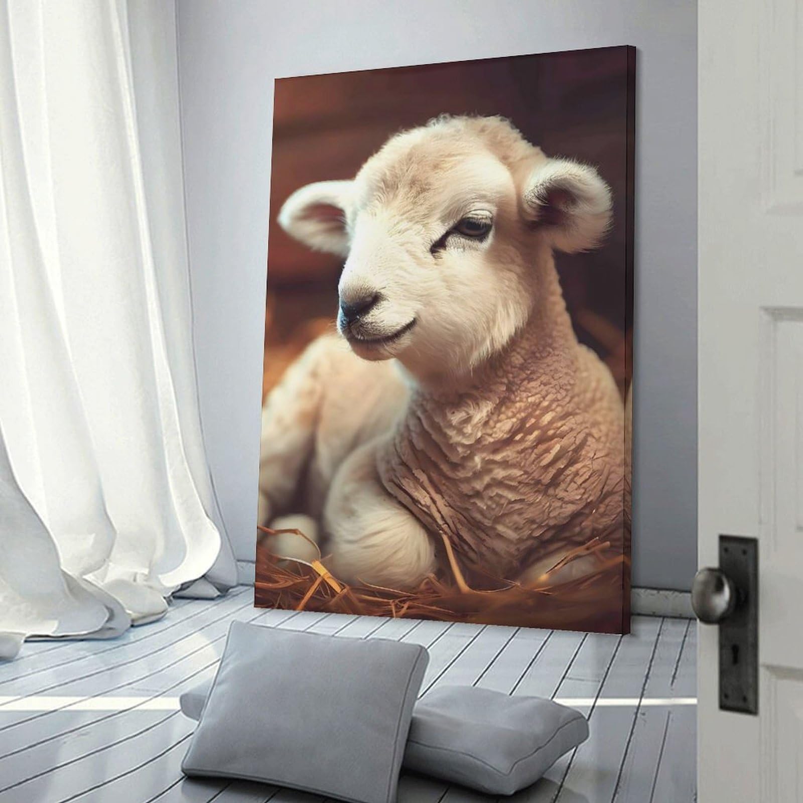 Junmoney Cute Lamb in Hay Hanging Wall Art, 24x36inch(60x90cm), for Living Room, Bedroom, Office Or Hallway, Decorative Artwork with Broad Appeal
