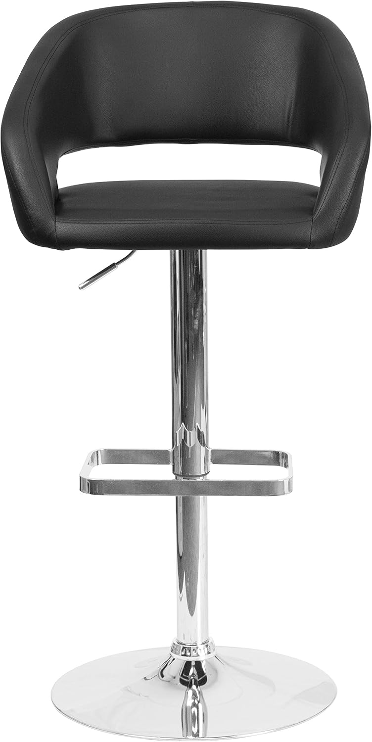 Merrick Lane Rothko Bar Stool - Mid Century Modern Stool - Rounded Mid-Back Bar Stool - Black Vinyl Upholstery - Adjustable Height - 360° Swivel
