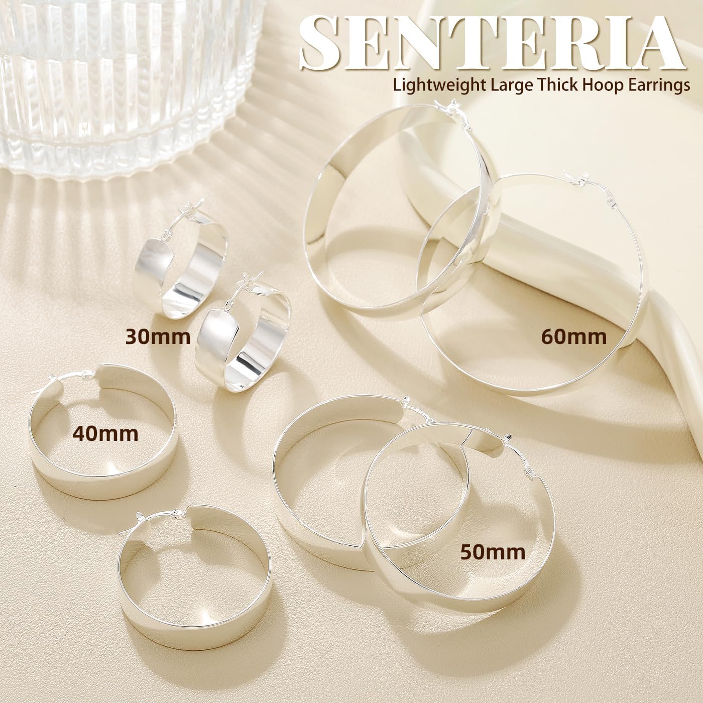 Senteria 10mm Wide Chunky 14K Gold Plated Hoop Earrings for Women Hypoallergenic Thick 925 Sterling Silver Hoops Earring Lightweight Large Silver Hoop Earrings for Women (30/40/50/60MM) - Image 7