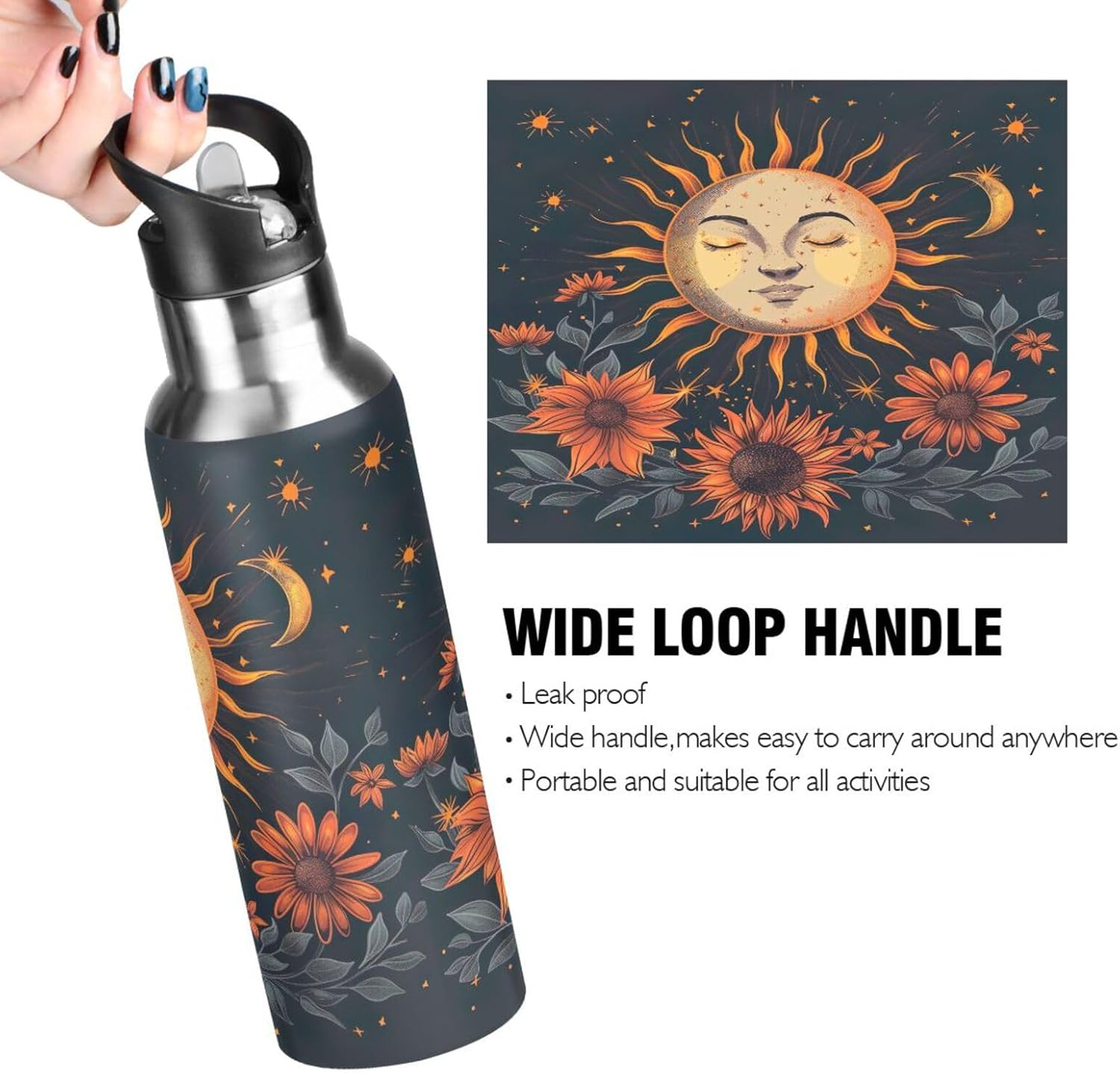 Sun and Moon Sunflowers Insulated Water Bottle 20 Oz Leakproof Water Bottles, BPA-Free Sport Water Bottle