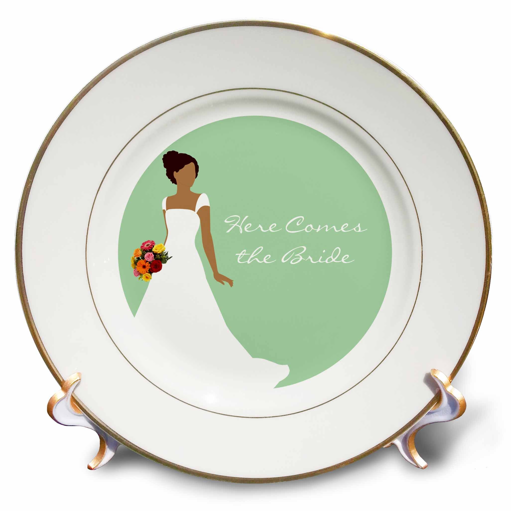 3dRose Here Comes the Bride - African American Bride Mint Green - Porcelain Plate, 8-inch