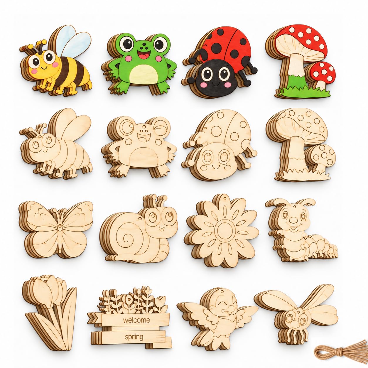 48-Piece Wooden Craft Kit – 12 Blank Shapes with Hemp Rope & Holes