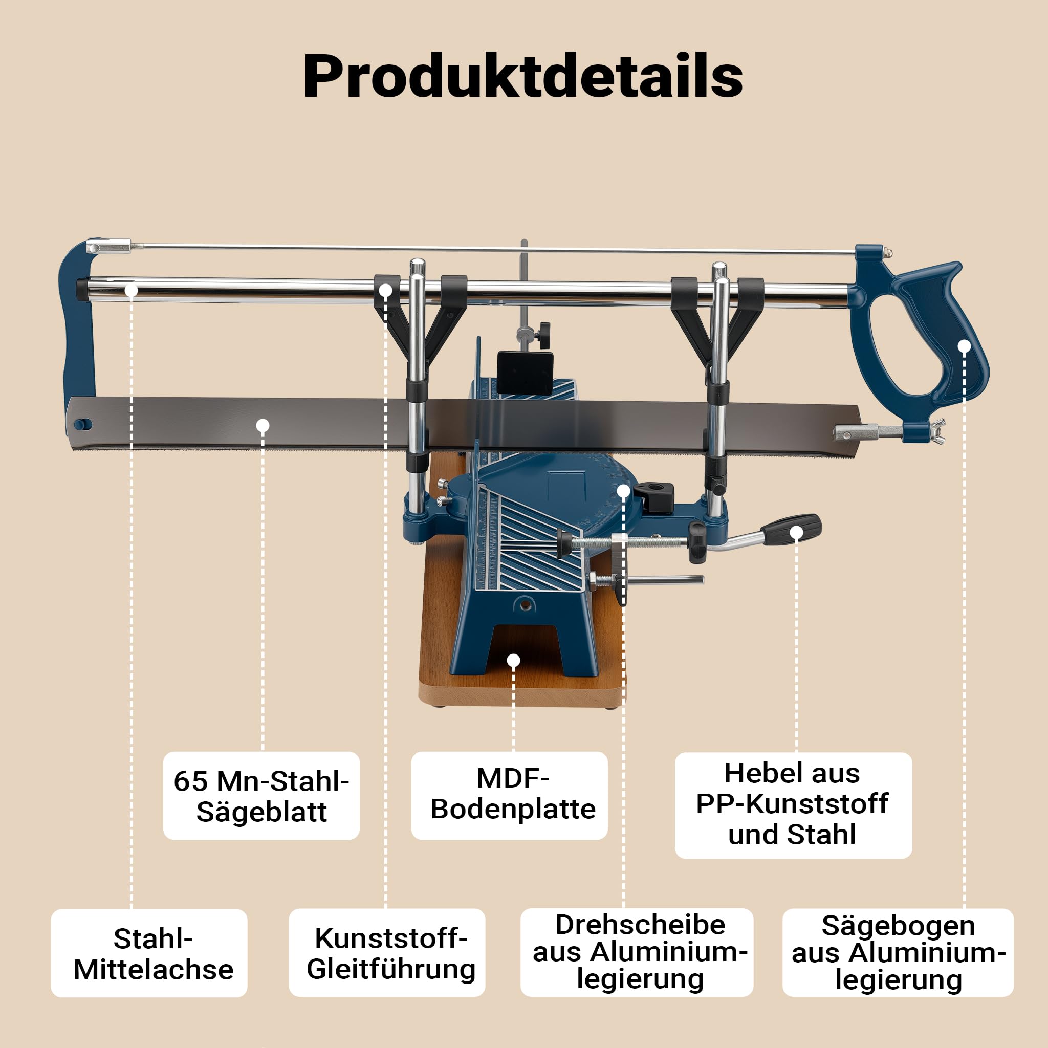 Wiltec Gehrungssäge 600 mm, -45° bis +45°, Schnittbreite 110 mm/160 mm, Schnitthöhe 120 mm, Handsäge für die Holzbearbeitung, Kappsäge Winkelsäge