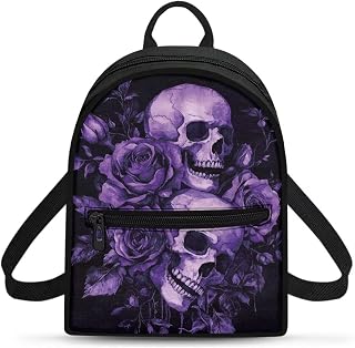 Rose Skull Backpack Purse for Women Purple Gothic Mini Backpack with Front Pocket Canvas Lightweight Daypack for Travel Work
