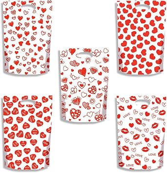 nzhHo 50 Pcs Valentines Day Plastic Gift Bags Treat Bag with Handles, Heart Goodie Bags, for Valentine Party Favors Anniversary Wedding Supplies, 5 Design