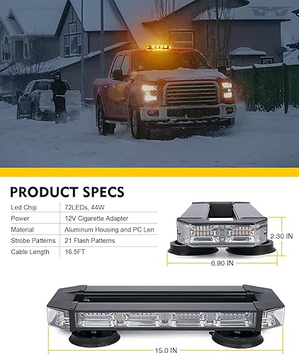 Miniatura 7 de LUMENIX Barra de luces estroboscópicas para techo, barra de luces LED ámbar de seguridad de tráfico de emergencia con base magnética de alta