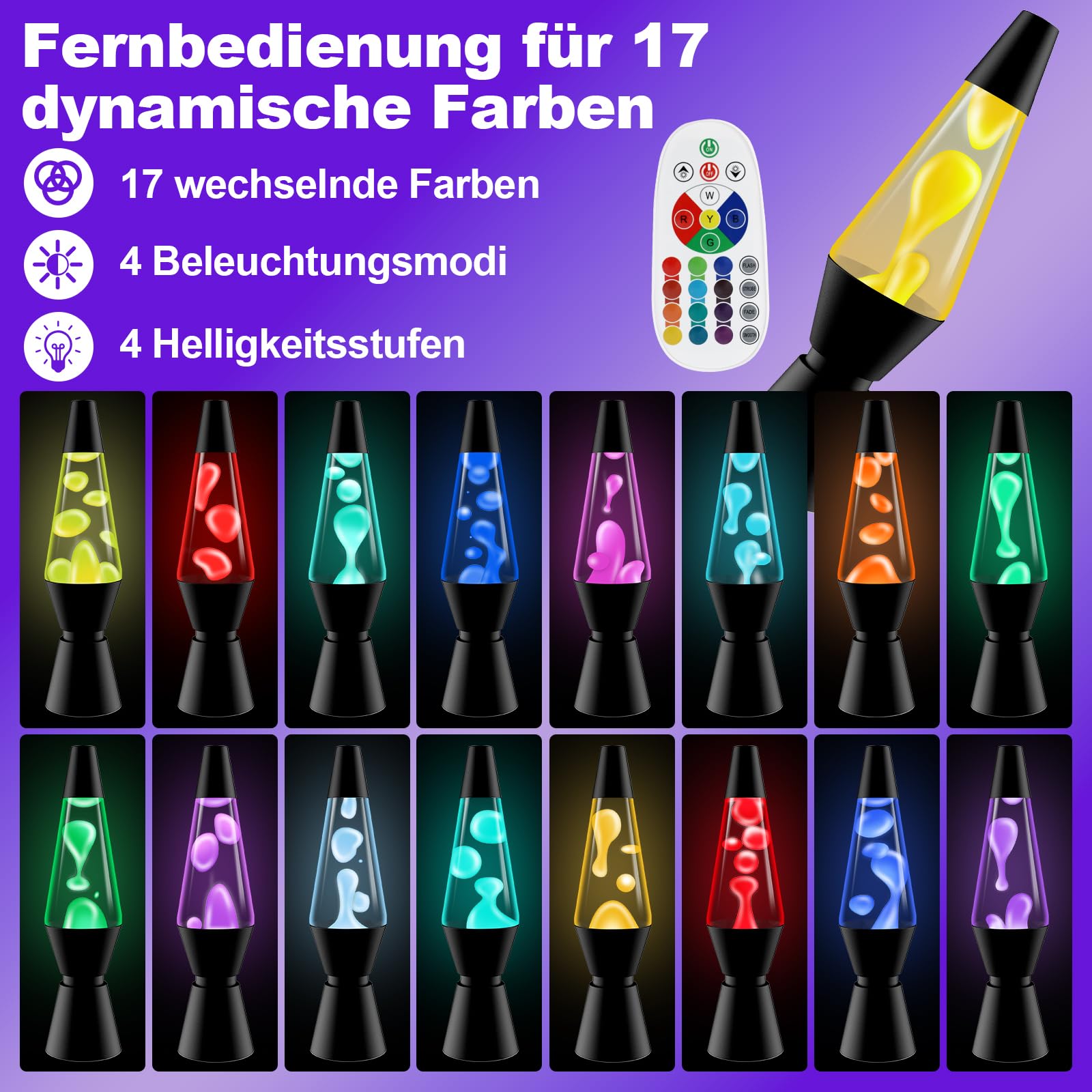 Lavalampe mit 17 Farbwechsel und Fernbedienung, Lavalampen 37cm für Erwachsene, Entspannende Stimmung LED Nachtlicht für Haus Schlafzimmer Büro, Geschenk für Valentinstag Geburtstag