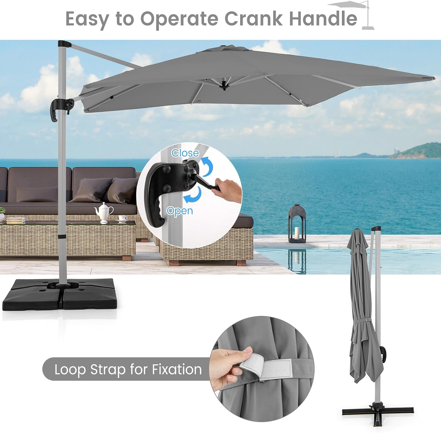 HAPPYGRILL 10 FT Patio Cantilever Umbrella, Outdoor Hanging Offset Umbrella with 360° Rotation, Tilt Adjustment, Cross Base, Vented Top, Square Market Umbrella for Garden Backyard Pool