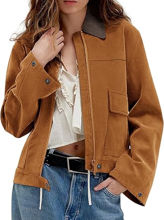 COCCKO Womens Faux Suede Cropped Jacket Casual Zip Up Jackets Contrast Collar Fleece Winter Coats Outerwear with Pockets