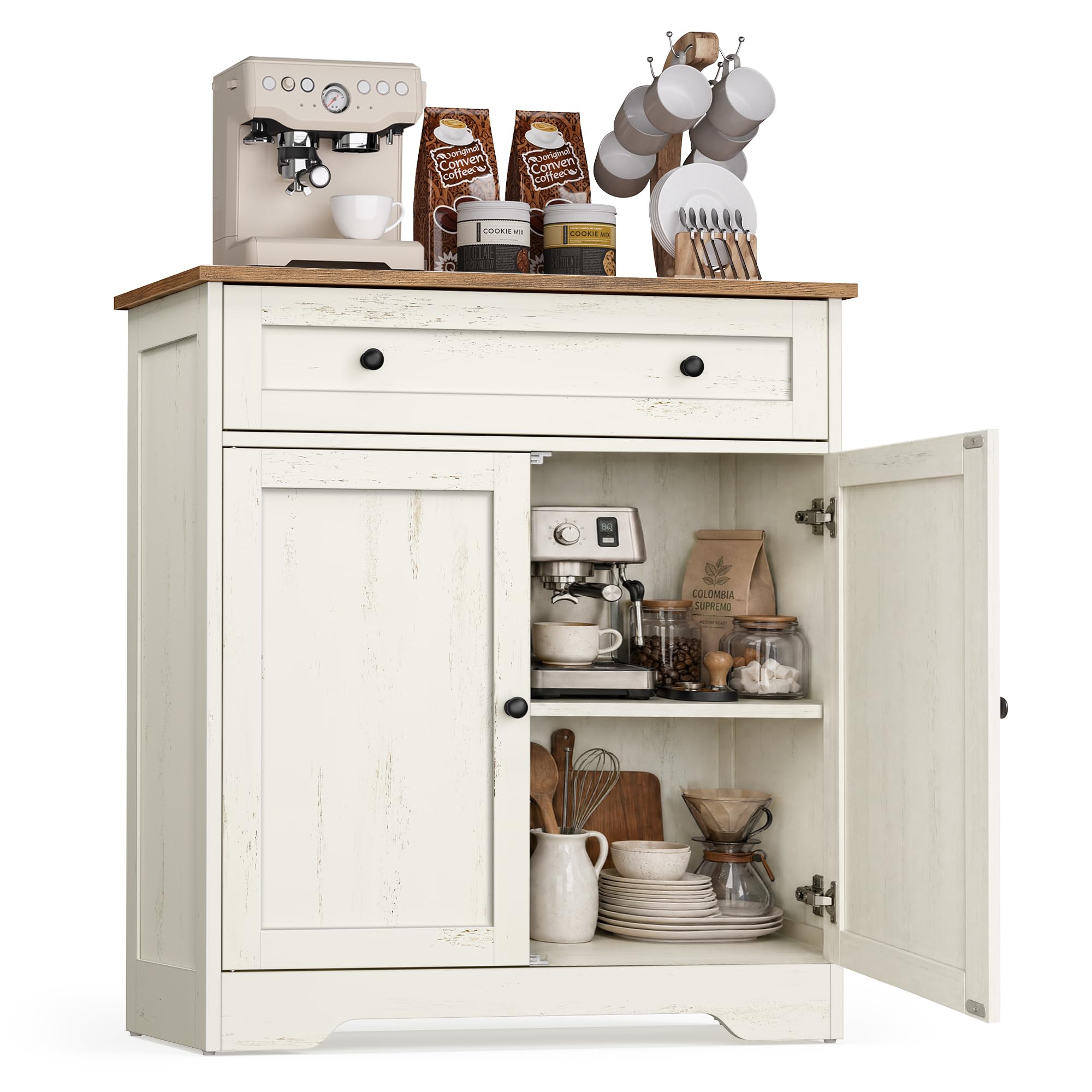 VASAGLE Siren Colección - Aparador, Armario Almacenaje, con Cajón y Estante Ajustable, Doble Puerta, Rincón de Café, 40 x 72 x 80 cm, Blanco Rústico LSC521WJ01