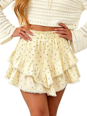 Womens Summer Flowy Skorts Ruffle Tiered Mini Skirts Boho Casual High Waist Tennis Golf Short Skirts Built-in Shorts