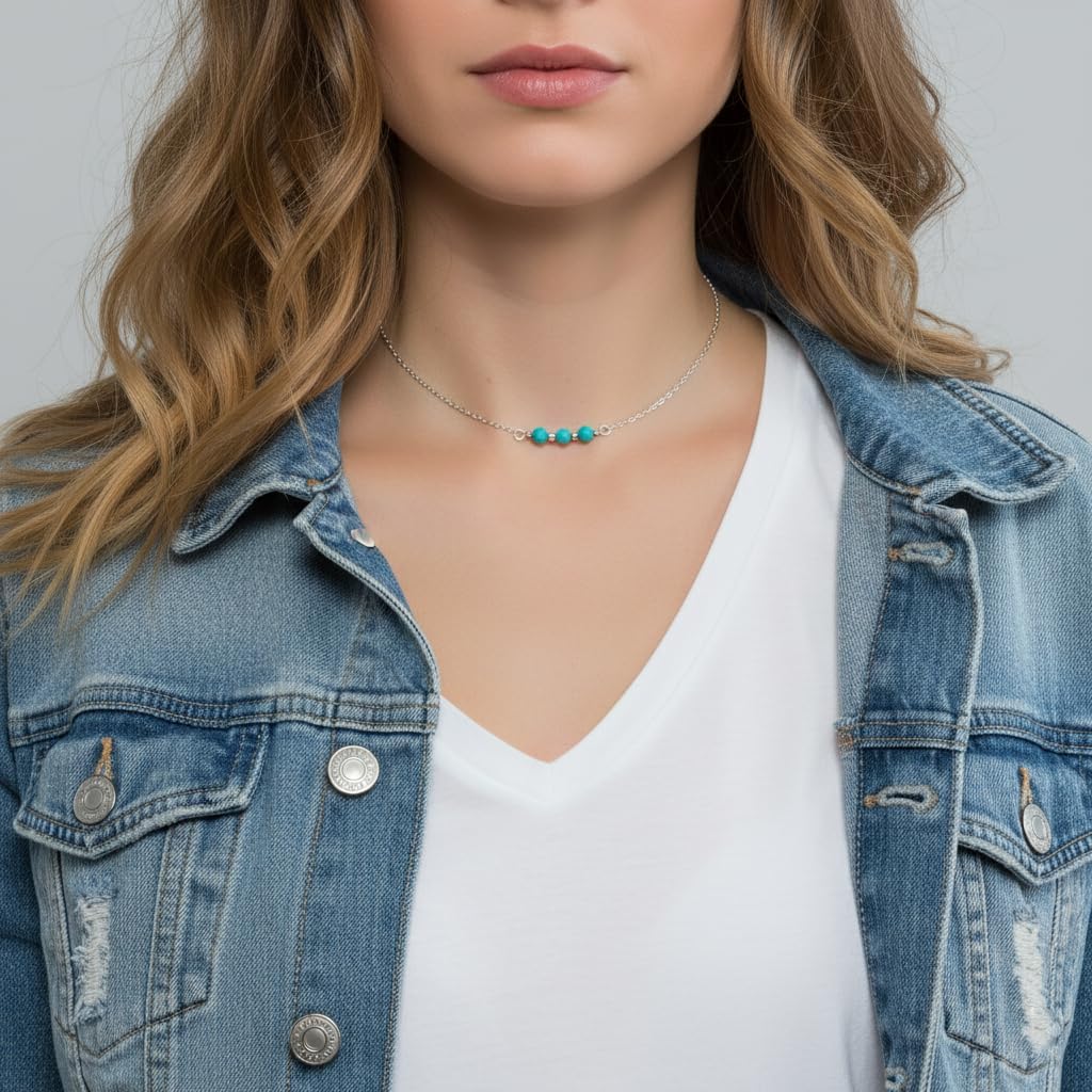 EnCharmed Sterling Silver Turquoise Delicate Choker, Handmade Minimal Dainty Gemstone Necklace, Adjustable Length 14-17 Inches, December Birthstone - Image 2