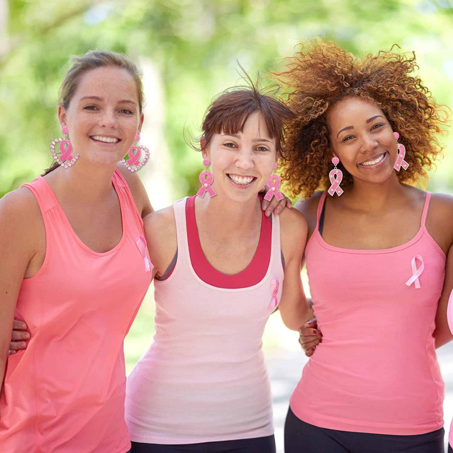 Breast Cancer Awareness Earrings Beaded Pink Ribbon Earrings for Women Glitter Rhinestone Heart Drop Dangle Earrings Statement Breast Cancer Survivor Jewelry Gifts (Crystal) - Image 2