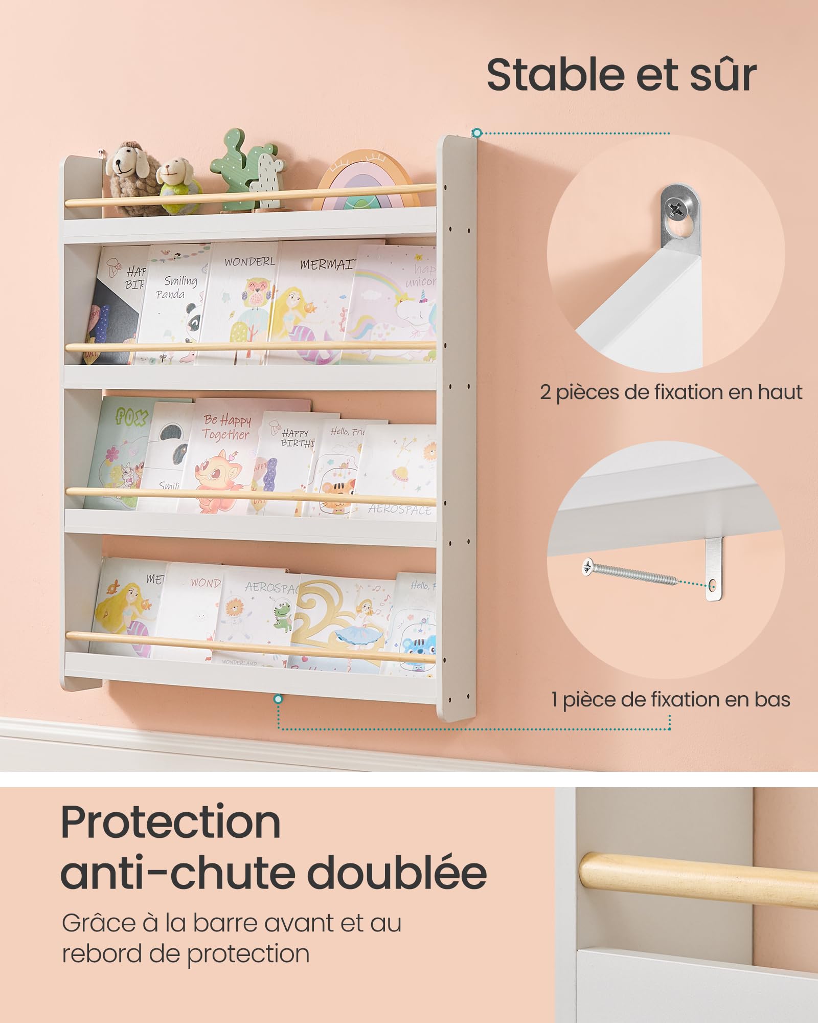 SONGMICS Étagère à Livres pour Enfants, Bibliothèque à 4 Niveaux, Étagère Murale à Jouets, pour Chambre d’Enfant, Salle de Jeux, Blanc et Naturel GKR014W01