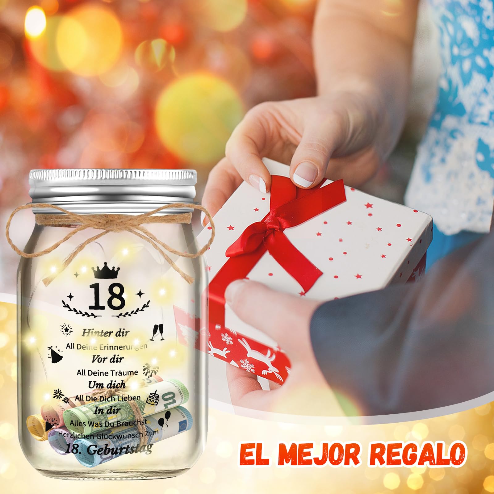 Tarro de Regalo con Luz para 18º Cumpleaños - Idea con Iluminación para Decoración de Fiesta y Dinero