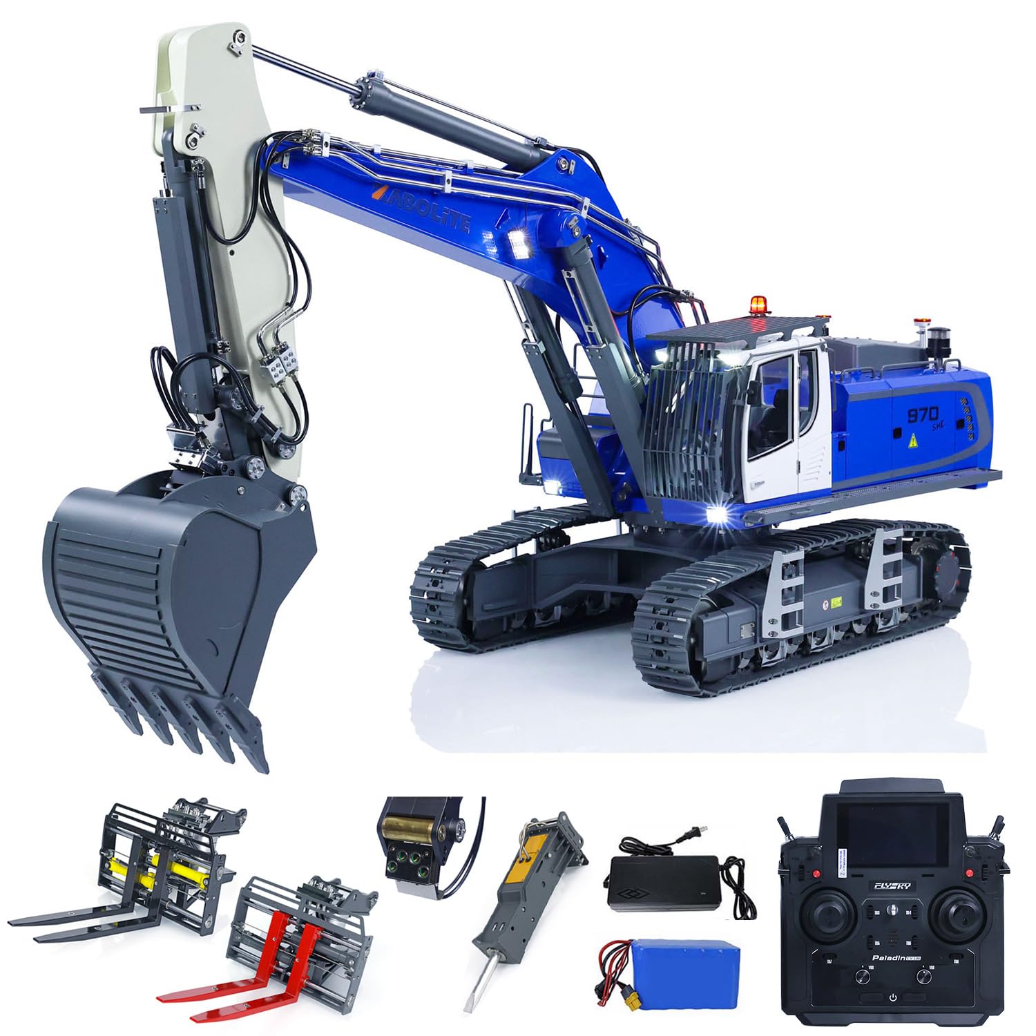KABOLITE RC Hydraulic Excavator 1/14 K970-100S Pro RTR RC Digger Construction Vehicle Model Flysky PL18EV Lite Motor ESC Servo Light Sound Smoking Unit Hobby Grade Model Beige and Blue