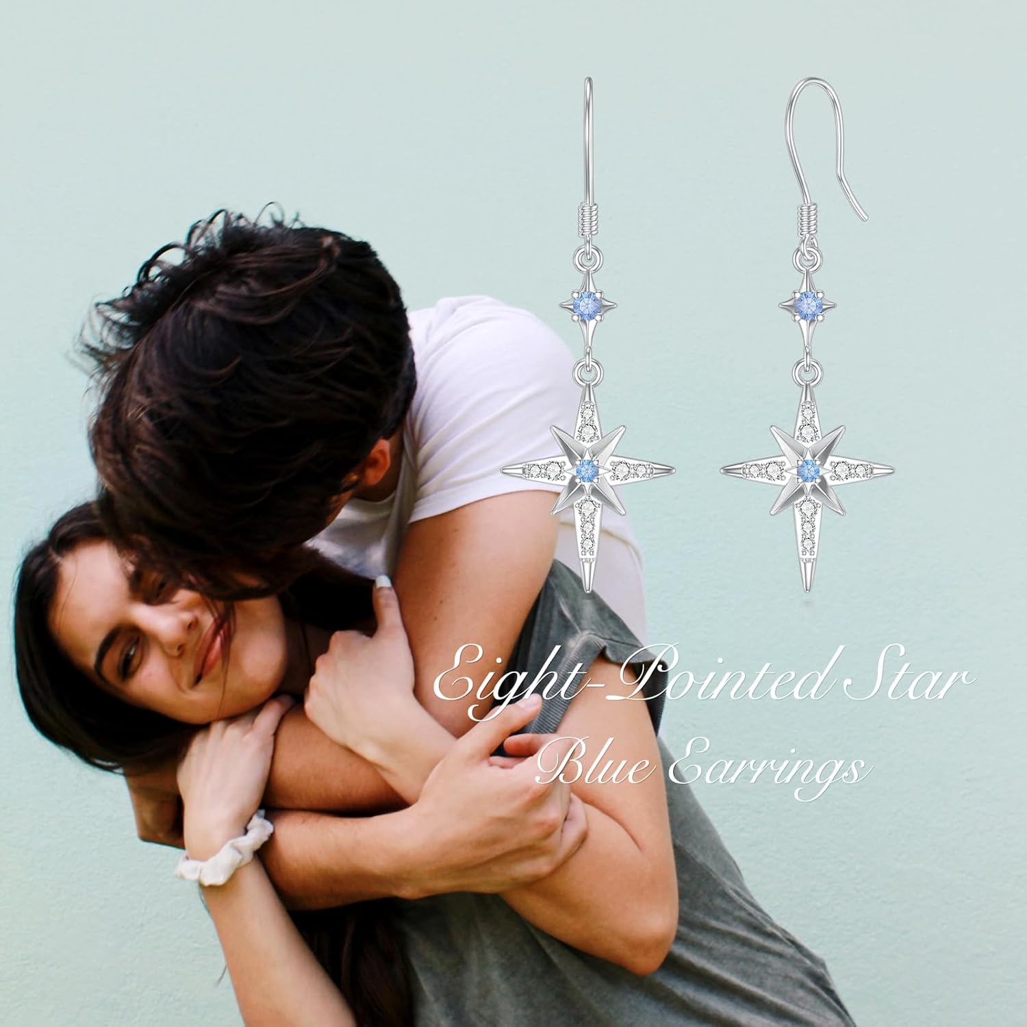 925 Sterling Silver Star/Love Heart Dangle Drop Earrings for Women Blue and Pink Sapphire Hook Earrings with Gemstone Birthday Wedding Jewelry Gift for Mother Daughter Wife - Image 4