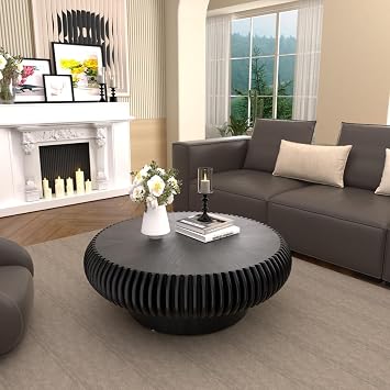 31.5 Round Fluted Coffee Table with Sturdy Pedestal for Living Room | Modern Circle Wood Drum Center Table for Apartment Lounge Small Spaces, Unique Solid Wood Grooves, Easy Assembly, Black