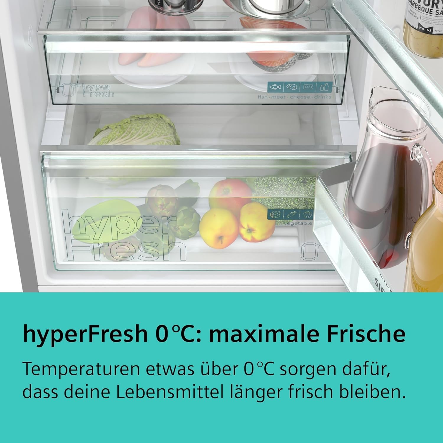Siemens KG49N4XAF, iQ500, Freistehende Kühl-Gefrier-Kombination, Gefrierbereich unten, 440 l, Total noFrost, hyperFresh, extrem leise, LED Beleuchtung, 203 x 70 cm, Gebürsteter Stahl AntiFingerprint