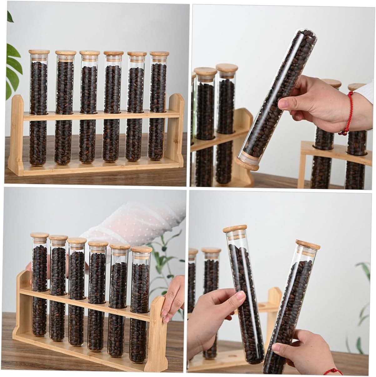 Glass Coffee Bean Storage Tubes with Lids and Wooden Display Stand Airtight Coffee Bean Holders and Home Easy to Assemble and Clean Multi-functional Storage Canisters and Items