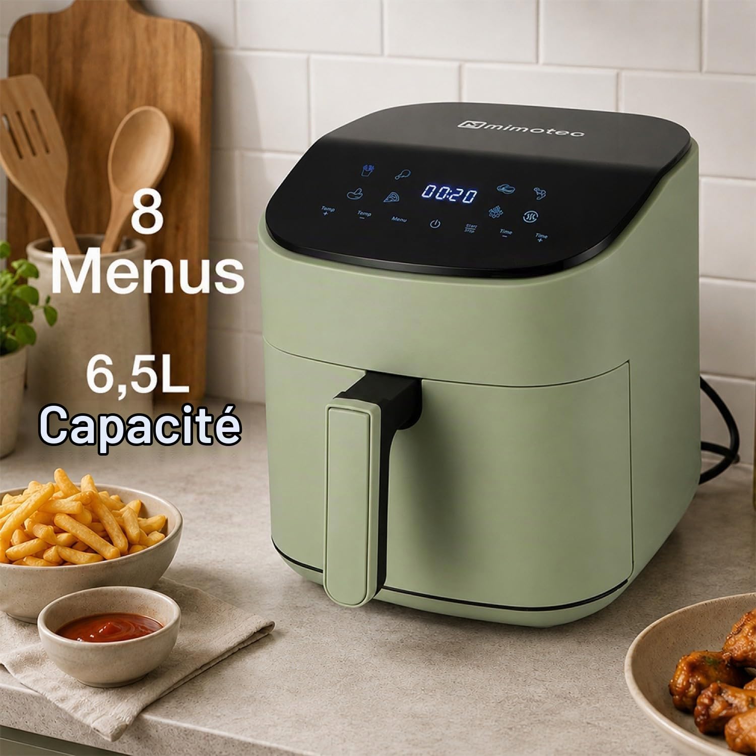 M mimotec – Air Fryer Green Sara Touch 6,5L, Friteuse à Air sans Huile, 1600W, 8 Menus Digitaux, Écran Tactile, Fonction Grill, Minuterie Réglable, Température 80-200°C, Cuisine Facile et Saine