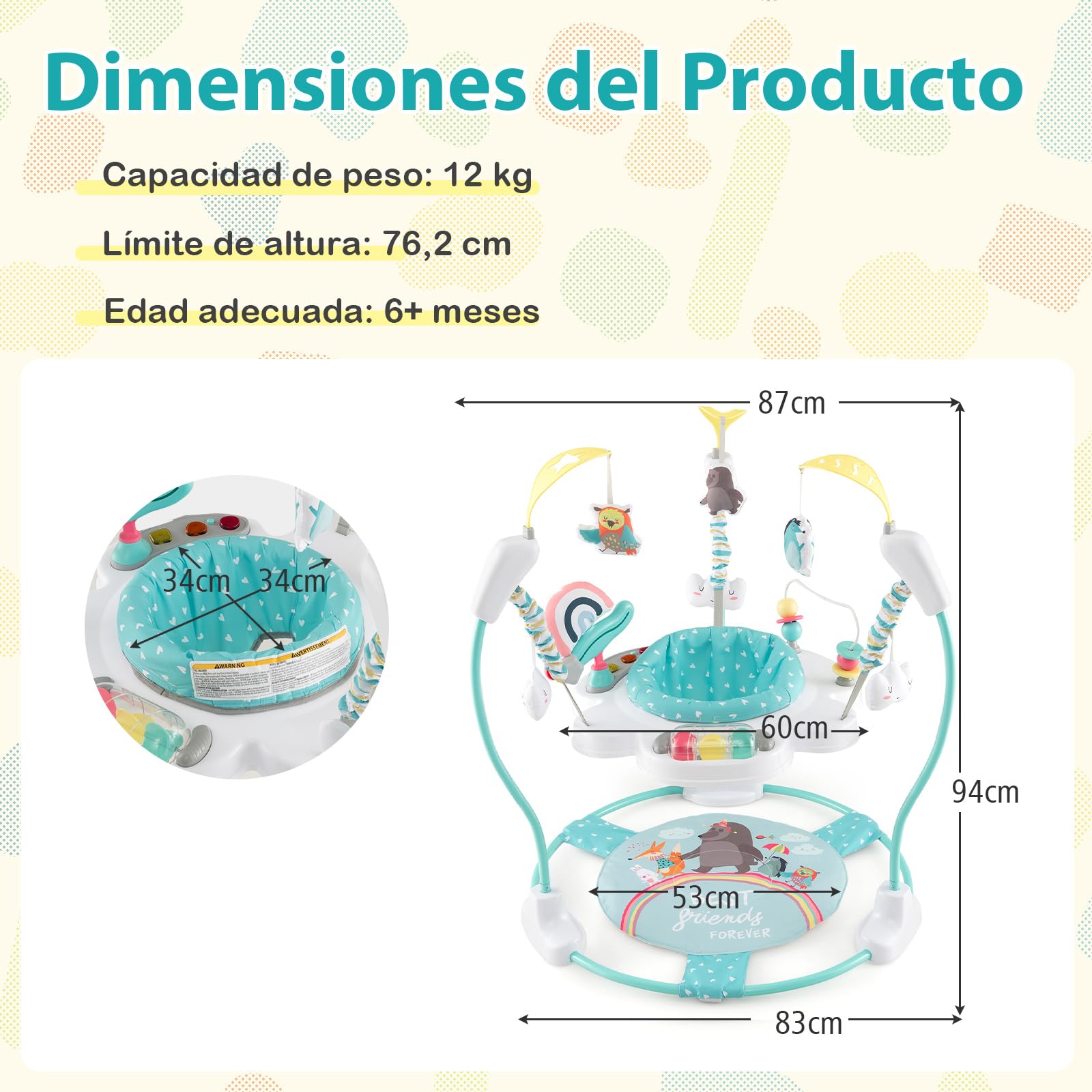 COSTWAY Centro de Actividades Zoológicos para Bebés, Saltador Bebe con Altura Ajustable y Juguetes Interactivos, Bandeja de Música con Luces y Sonido, para Bebés de 6+ Meses (Azul)