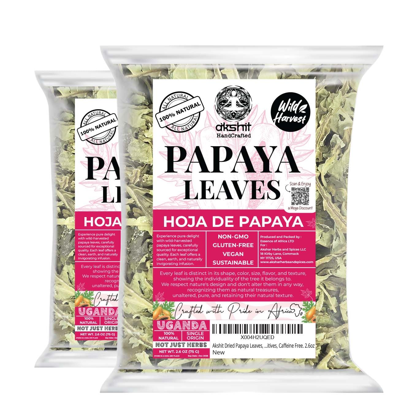 Akshit Papaya Leaves - 2.6oz, Leaf Tea, Dried from Green Leaves, Hojas de papaya, Caffeine Free, Non- GMO. Perfect For Leaf Extract & Herbal Tea. pack