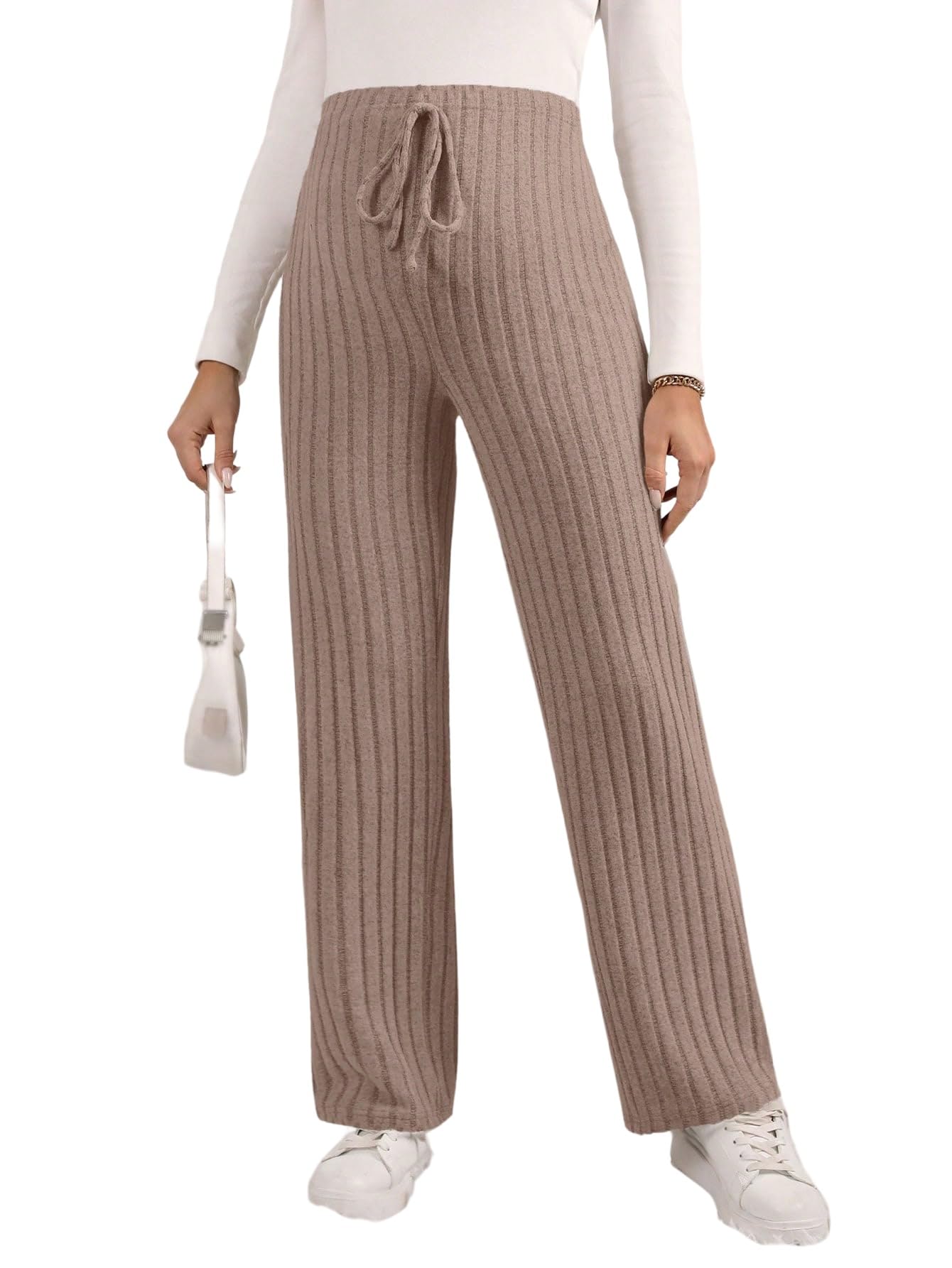 SOLY HUX Damen Hosen Bequem Umstandshose mit Schleife Schwangerhose Hohe Elatischer Bund Gerade Strickhose Einfarbig Freizeithose für Schwangere