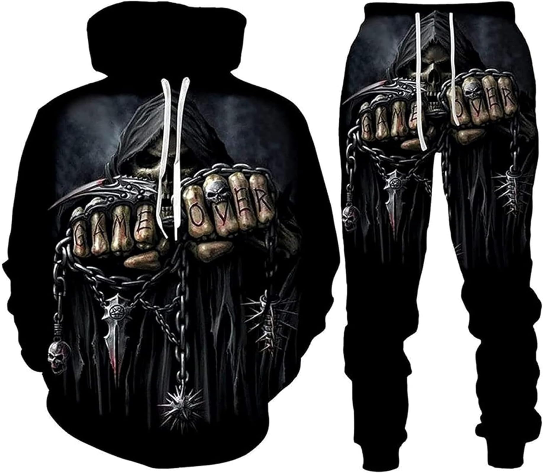 Lftegufkxs Men's S5 Gothic Tracksuit Set Skull Punk Rock Hoodie Sweatshirt Jogging Bottoms Casual Pullover Sports Suits, 3XL
