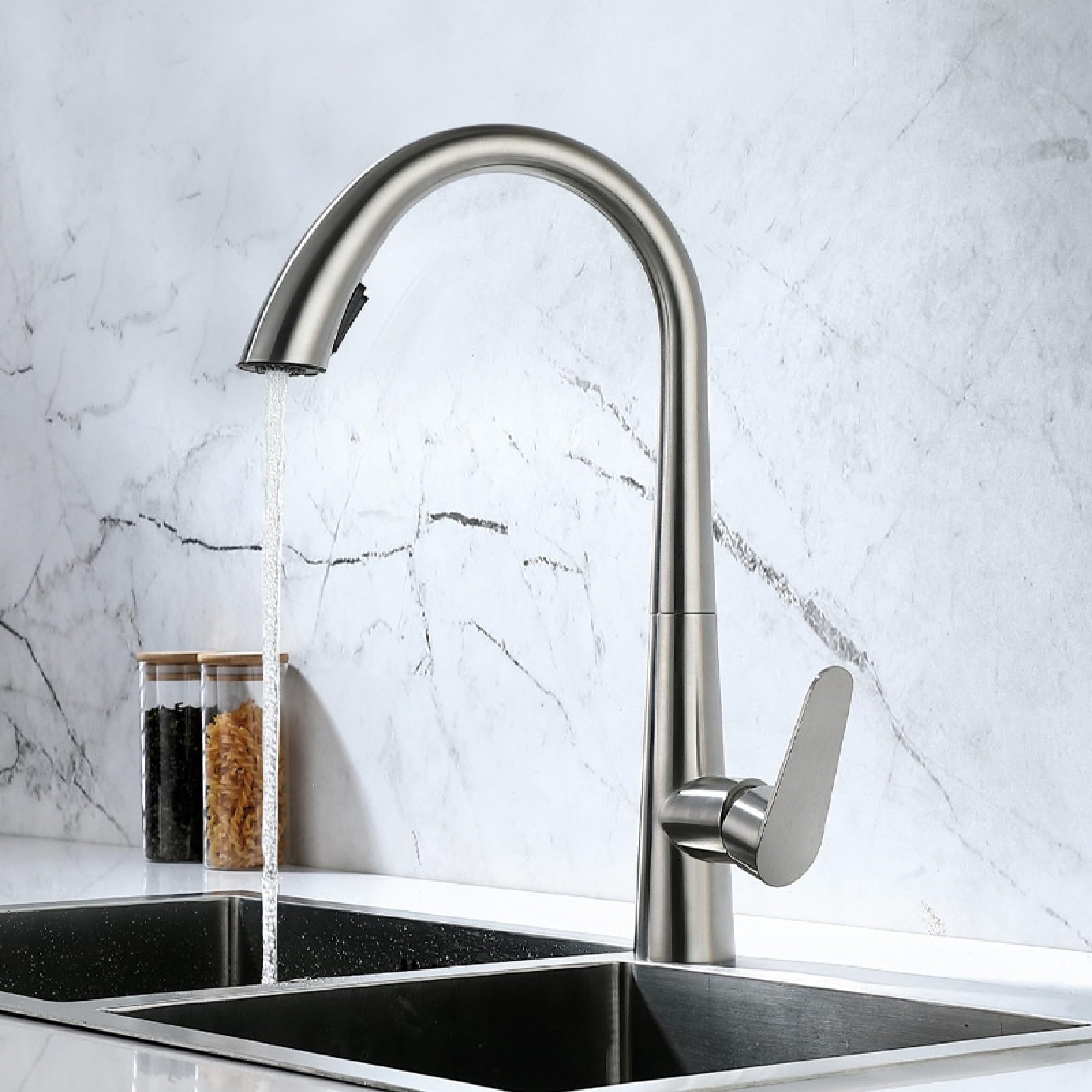 Fanjubei Brushed Kitchen 304 Stainless Steel Rotating Pull-Out Hot And Cold Water Faucet,