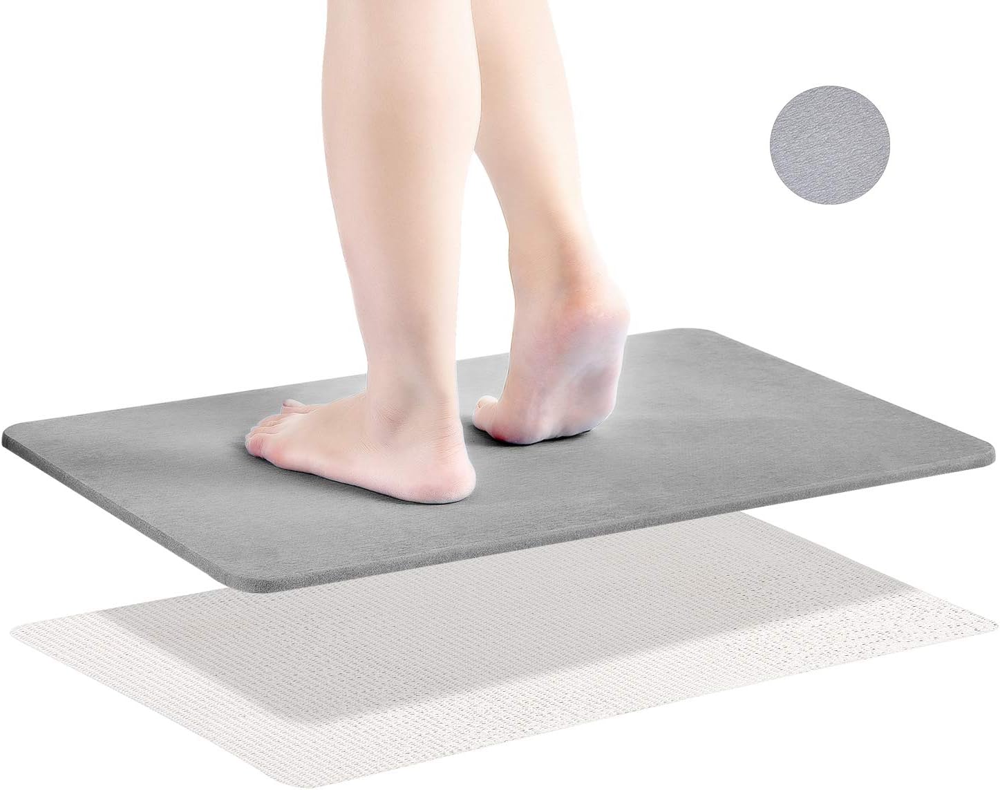 Diatomaceous Earth Bath Mat, DZY Nonslip Absorbent Bath Mat - Fast Drying Hard Bathroom Floor Shower Mats with Additional Anti-slip Mat, Sandpaper, 23.62 x 15.35 inch, Grey
