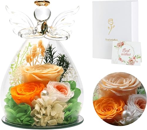 Regalos para mujeres, rosa preservada, flor para siempre, champán en cristal, figura de ángel, flores frescas para entrega, regalo de cumpleaños