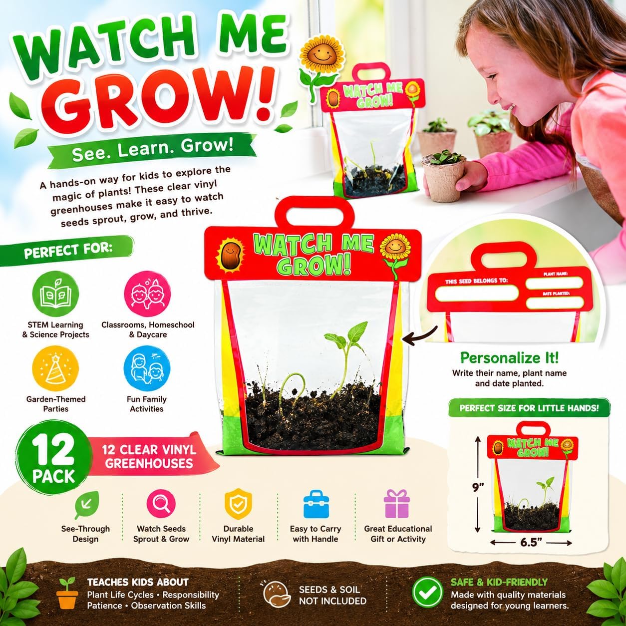 Fun Express Clear Vinyl Pocket Greenhouses - 12 Pack Kids STEM Gardens image 4