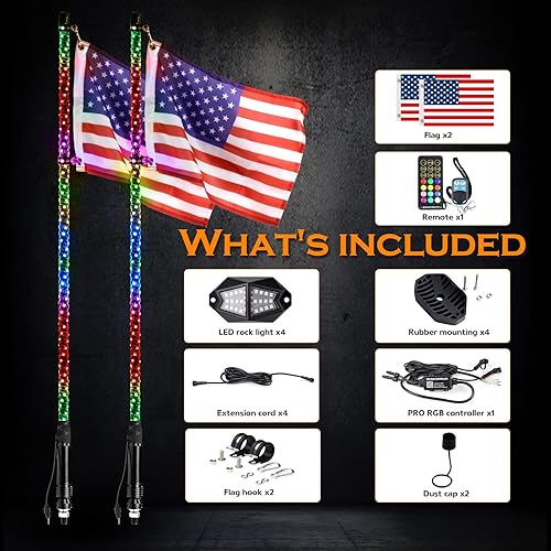 Miniatura 7 de 2 luces LED de látigo de 3 pies y 8 vainas de 210 grados de luces de roca de gran angular con aplicación y control remoto, modo de música,