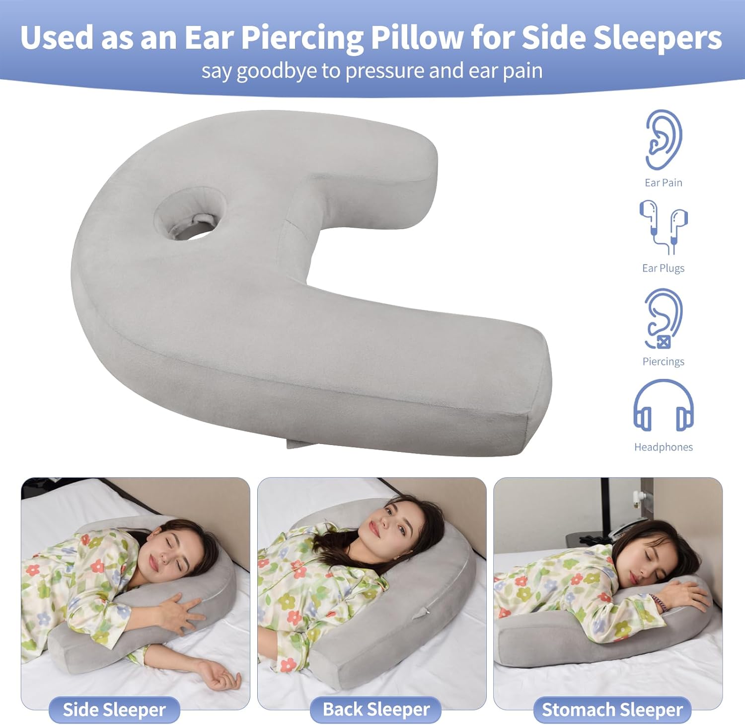 Ear Piercing Pillow - Side Sleeper Body Pillow with Ear Hole for Pain Relief, J-Shaped Ergonomic Support, 20x26 Inches (Grey)