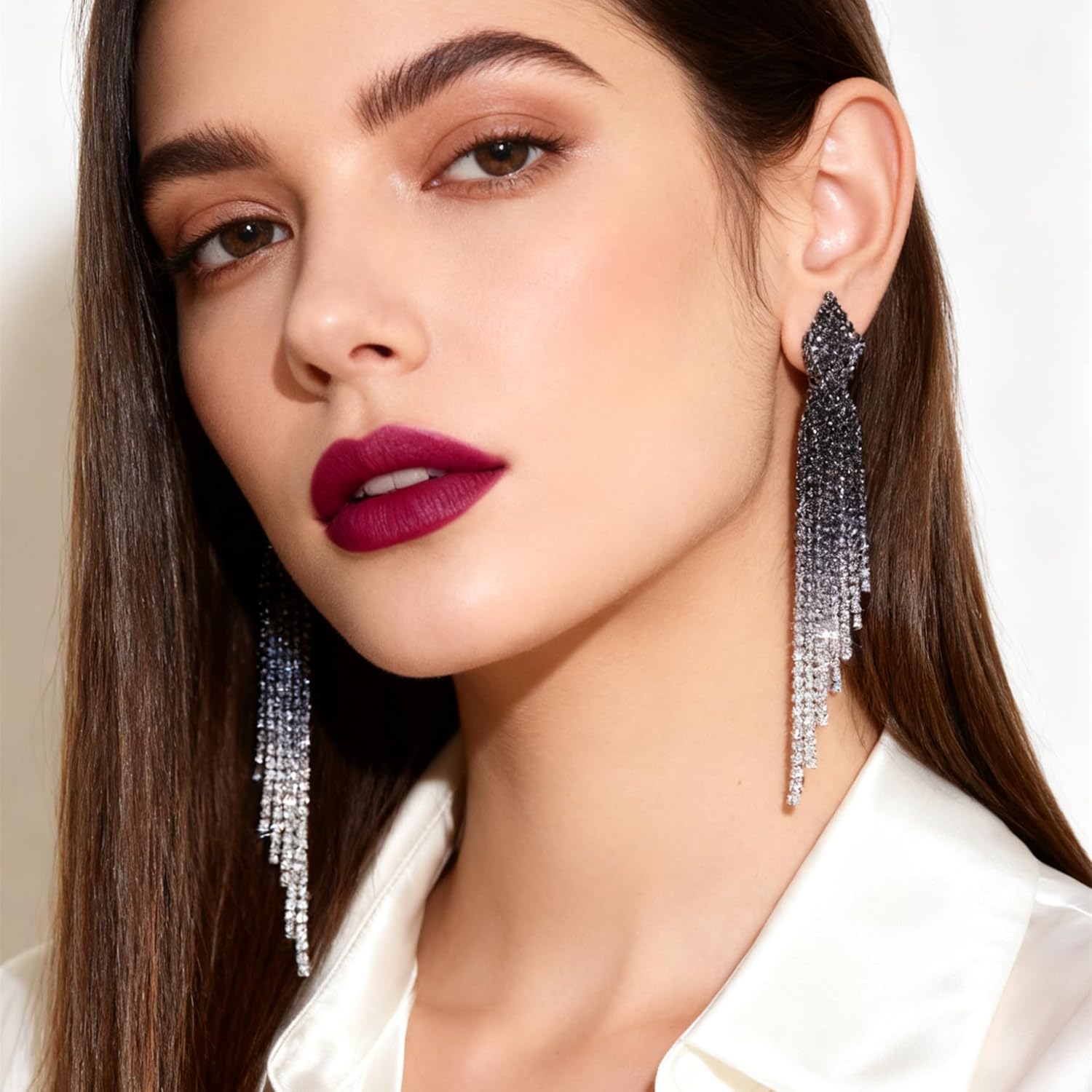 Rhinestone Earrings Dangling for Women Sparkly Silver Dangle Earrings Girls Long Chandelier Earrings Tassel Lightweight Ear Studs Cubic Zirconia (KE001S-W) - Image 4