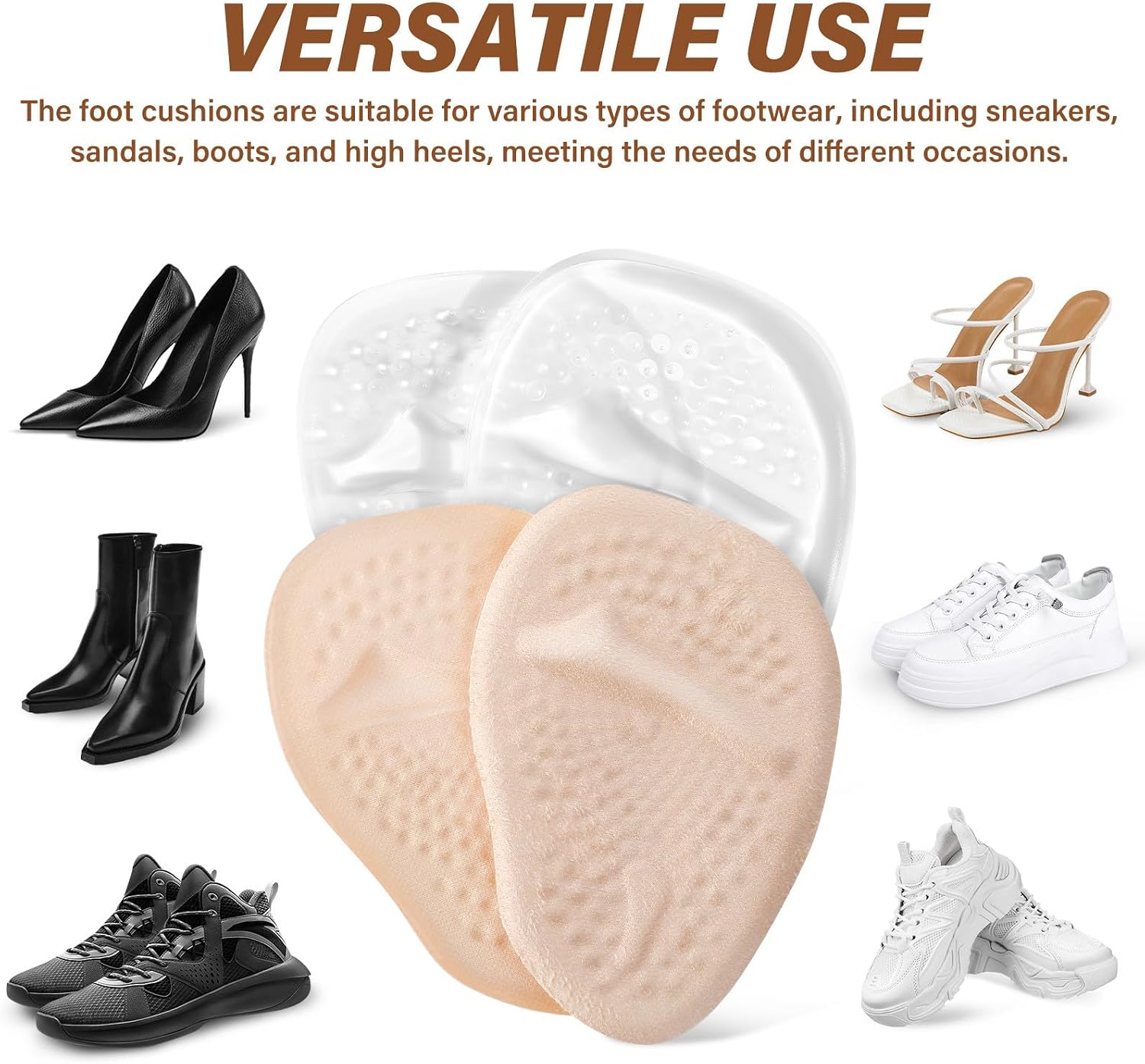 OUNONA Ball of Foot Cushions and High Heel Shoe Inserts, 2 Pairs Non-Slip Gel Forefoot Pads Elastic Fabric and Design, Reusable Comfort Insoles for Women’s Heels and Sandals