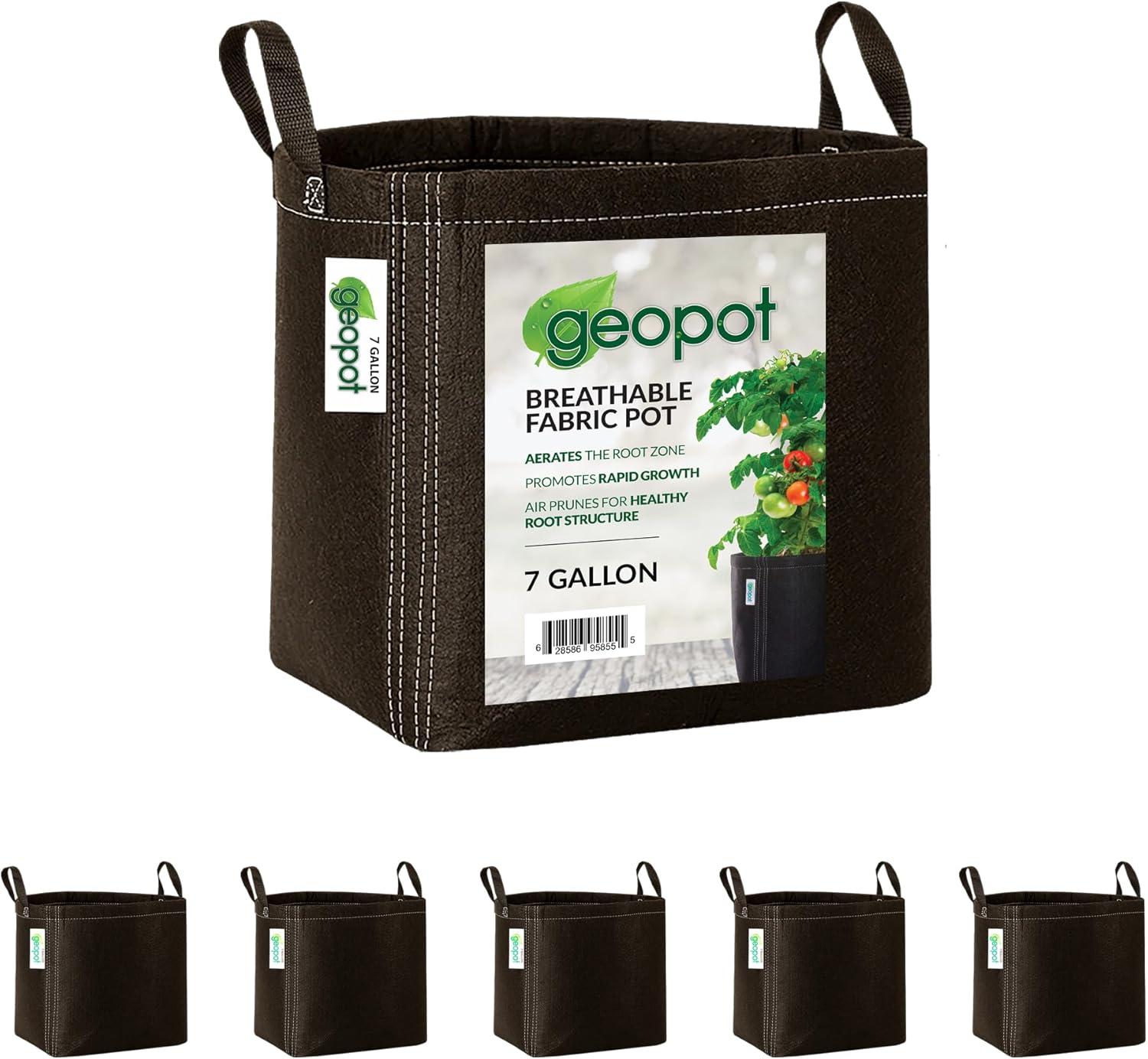 GeoPot 7 Gallon Fabric Grow Bags with Handles - 5-Pack - Black - Indoor/Outdoor - Aerated Fabric Pots for Vegetables, Herbs, Flowers & Houseplants