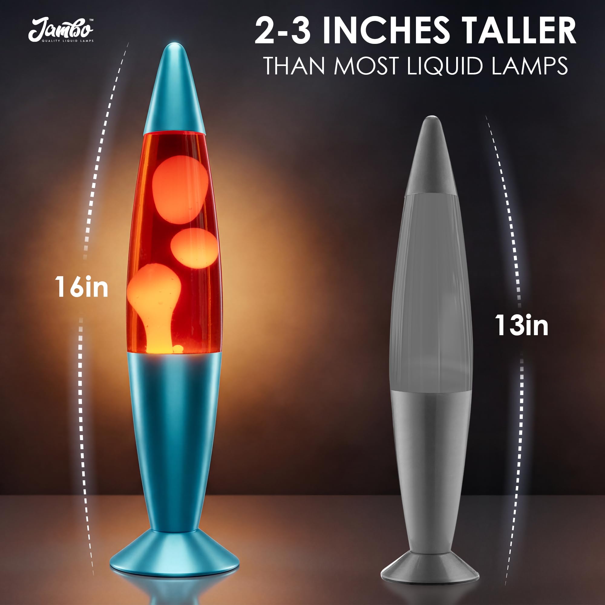Jambo Lámpara de volcán azul con cera que fluye como lava, lámparas frescas, luces nocturnas para niños, adultos, adolescentes (16 pulgadas, base azul, líquido rojo, cera naranja)