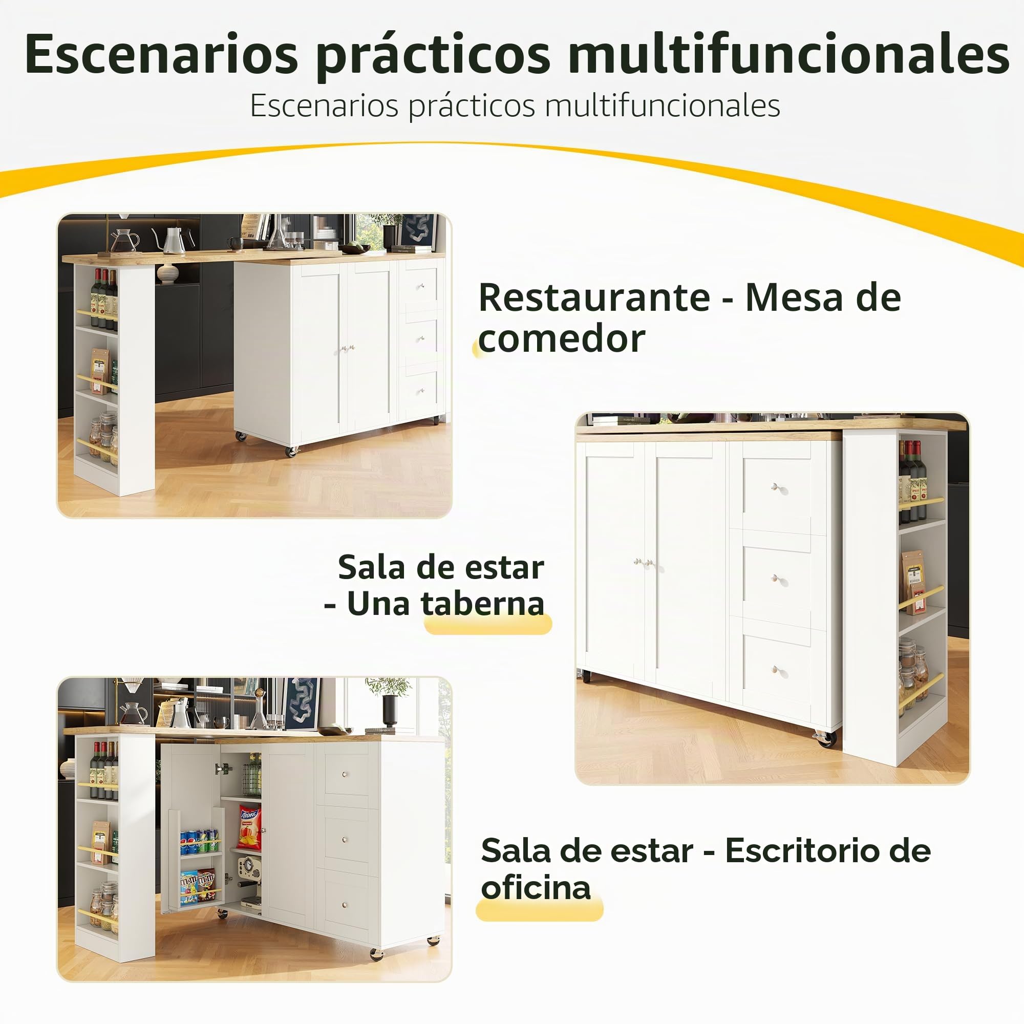 Soweiz Mesa alta giratoria 360° sobre ruedas, con tres cajones, viene con soporte para aperitivos, isla de almacenamiento multifuncional, adecuada para cocina y sala de estar, (138-209 x 39 x 106 cm
