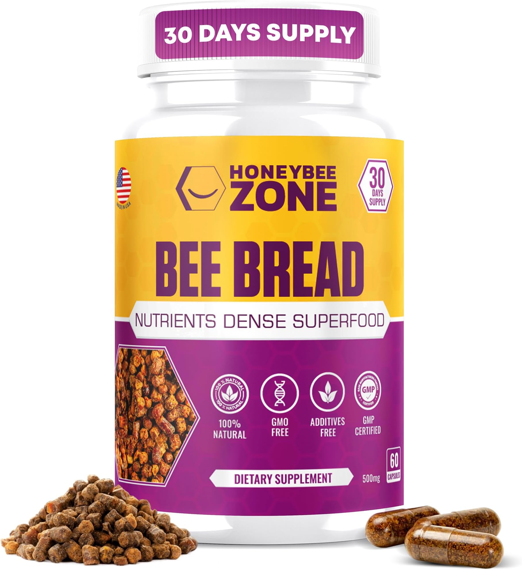 HONEYBEEZONE-Bee Bread Capsules – Nutrient-Rich Superfood for Energy Boost, Immune Support Supplement | Non-GMO, Gluten-Free, 60 Easy-to-Swallow Veggie Capsules