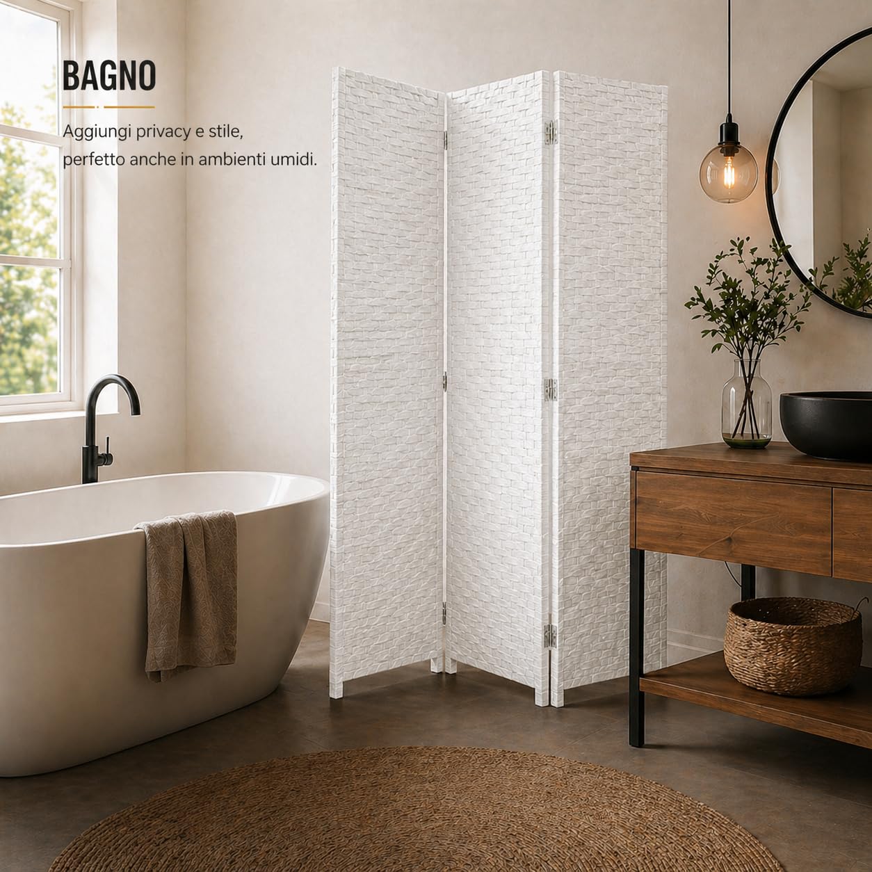 Separè da Interno 3 Pannelli 180X135h CM - Divisorio per Ambienti, in Plastica, Struttura in Legno, Motivo Intrecciato, Autoportante, per Soggiorno, Ufficio, Camera, Pieghevole - (Bianco)