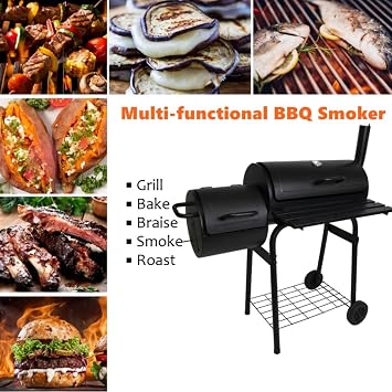 Offset Smoking Black and Charcoal Grill Smoker Smoker Firebox Outdoor BBQ Grill Charcoal BBQ Grill with Offset Smoker Grill with Professional Thermometer and Adjustable Damper for Outdoor Backyard, Black