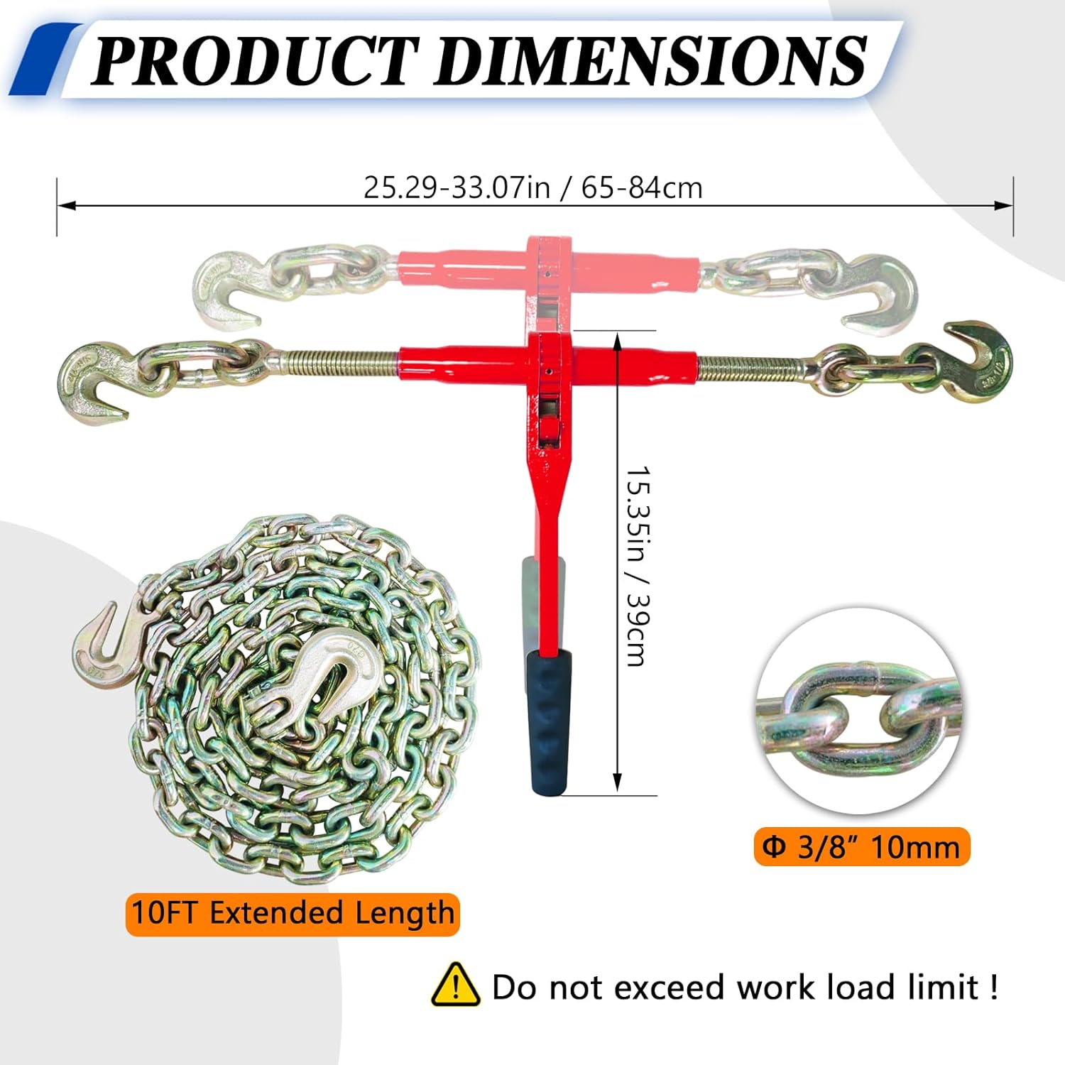 3/8"-1/2" Chain and Binder Kit with 2 Grab Hooks, 9200 lbs Working Load Binders with G80 Chains, Heavy Duty Ratchet Load Binders for Truck, Hauling and Towing