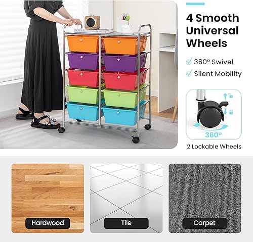 Vista 16 de Giantex - Carrito rodante, 10 cajones, organizador para aula, carrito de almacenamiento con ruedas para útiles escolares, de oficina, hogar, Negro