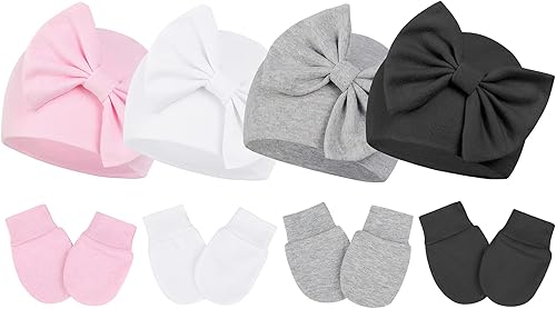 Mittens and Caps for Newborn Baby Girls Set Hospital Hat Beanie Infant Hats with Bow for 0-6 Months