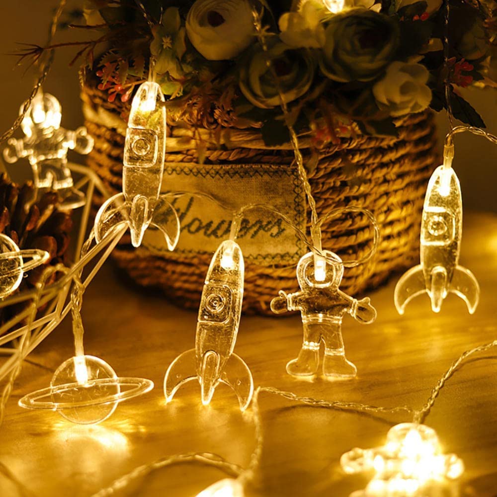Kreative Lichterkette mit Astronauten-Raumschiff und Rakete | Batteriebetriebene Dekolampe for Kinderzimmer | for Feiertage(Warm White,9.8FT(20LED))