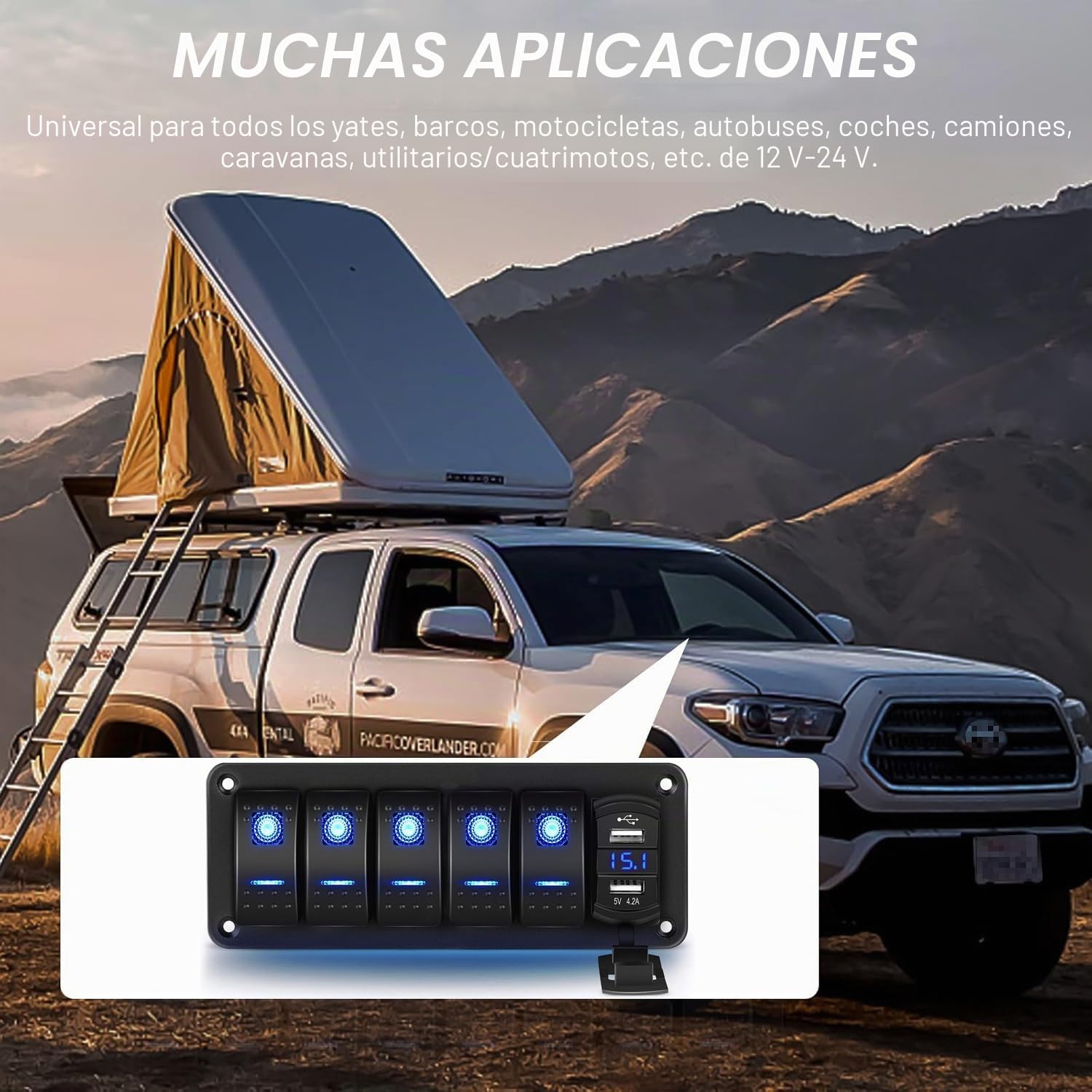Greluma Panel de aluminio con 5 vías interruptor basculante,voltímetro y doble USB(4,2A),carga rápida,LED retroiluminado,precableado,IP65 resistente agua para uso marítimo,barco,coche y camión(azul)